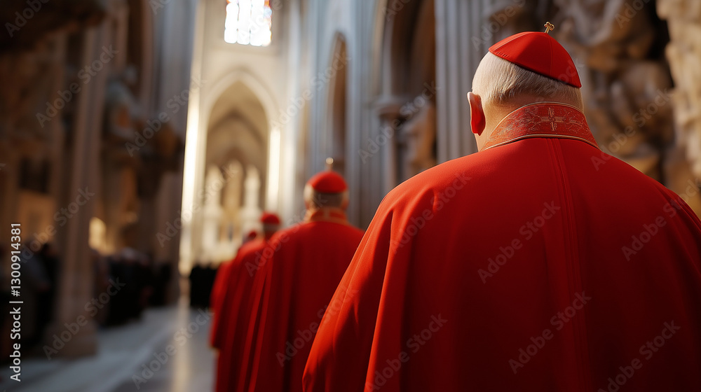 Naklejka premium A group of cardinals in red robes walking through a grand cathedral, with the focus on their backs. 