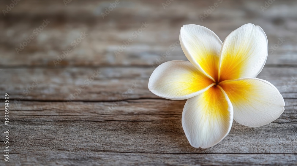 A beautiful white and yellow flower rests on wooden surface A beautiful white and yellow flower rests on wooden surface