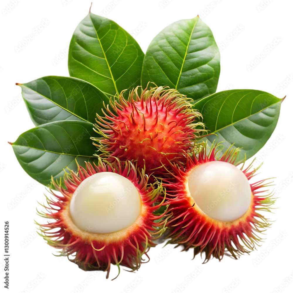 Fresh rambutan fruit with leaves isolated on transparent background
Fresh rambutan fruit with leaves isolated on transparent background