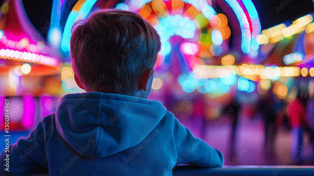 Obraz premium A child in a cozy winter jacket and striped hat standing at a carnival, gazing at colorful lights. 