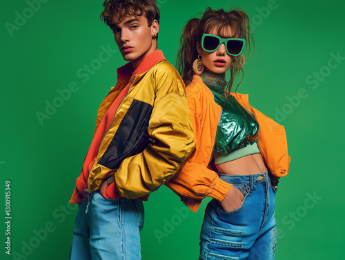 Y2K-style fashion portrait of a teenager in a studio with a vibrant backdrop, featuring a bold and trendy 2000s-inspired look.