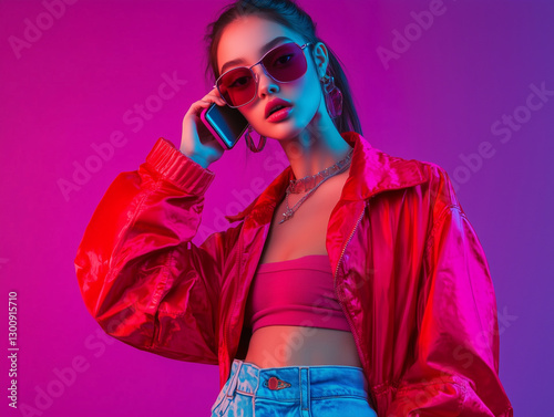 Y2K-style fashion portrait of a teenager in a studio with a vibrant backdrop, featuring a bold and trendy 2000s-inspired look.