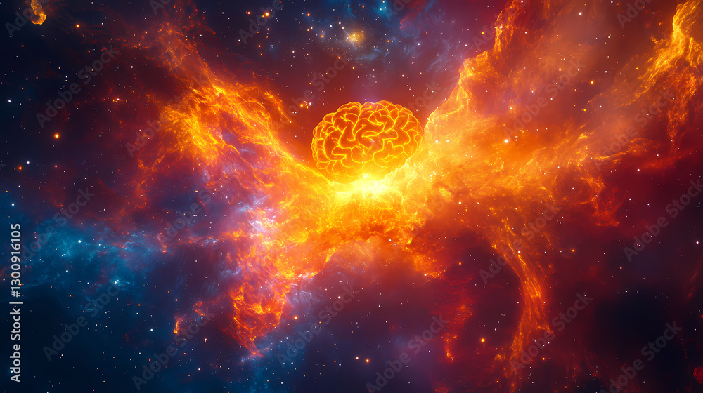 Obraz premium Glowing Human Brain Model Floating in Fiery Red and Orange Clouds
