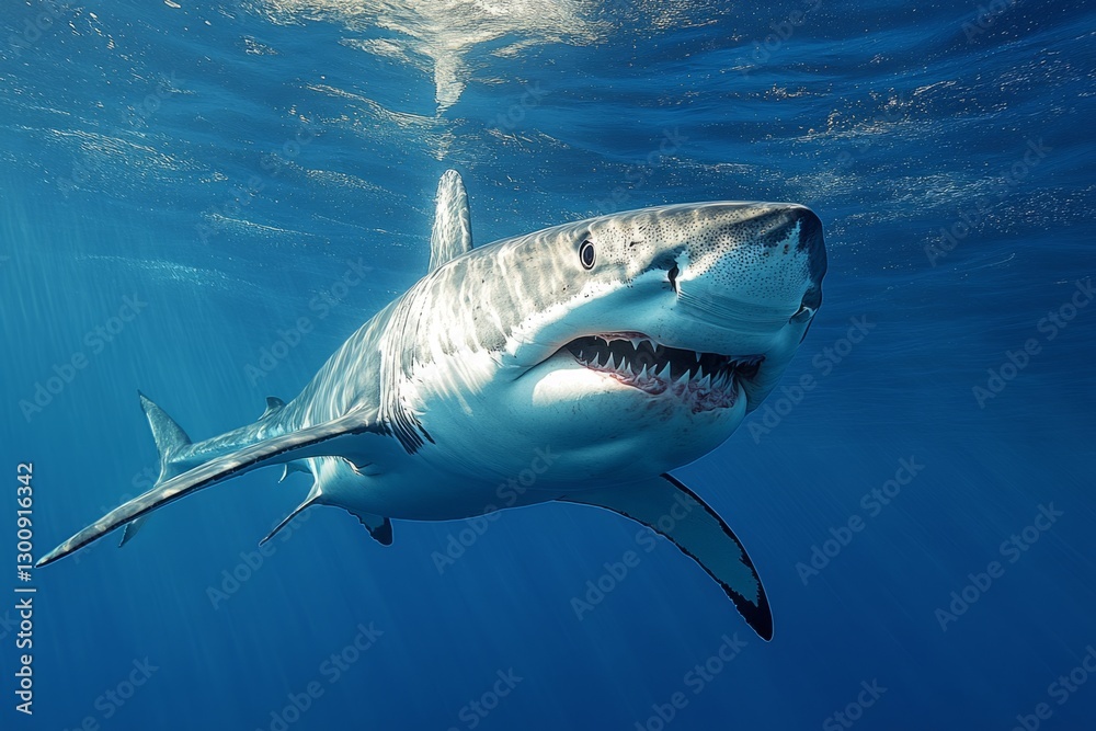 Fototapeta premium Great white shark swimming in the ocean depths showing its teeth