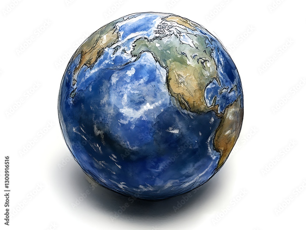 Artistic Earth globe with watercolor design on white backdrop Artistic Earth globe with watercolor design on white backdrop