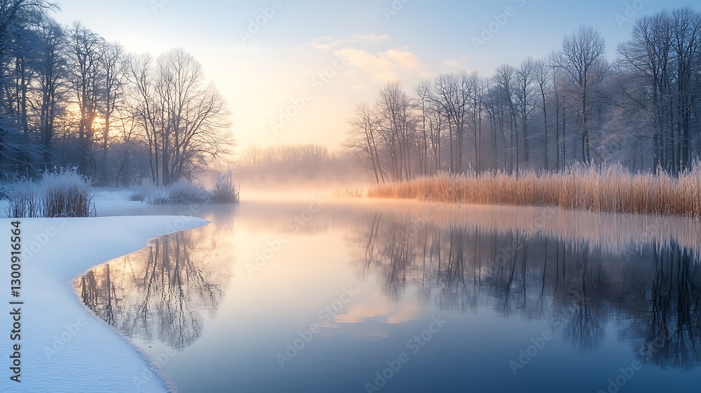 Fototapeta premium Sunrise over frosty winter river