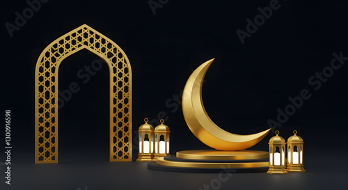 Glowing Golden Islamic Geometric Arch Crescent Moon and Traditional Lanterns on Dark Background