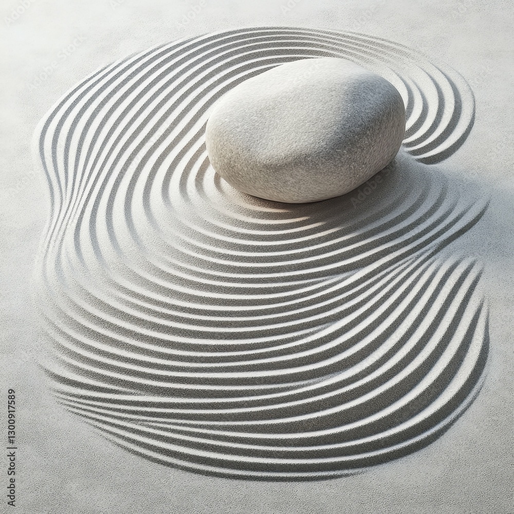 Naklejka premium Calm Stone Rests on Textured Sand Creating Harmonious Wave Patterns in Soft Light