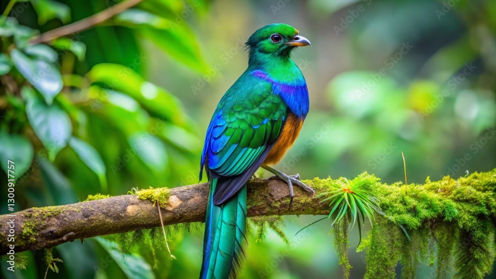 Vibrant Resplendent Quetzal Perched on Mossy Branch in Lush Rainforest Vibrant Resplendent Quetzal Perched on Mossy Branch in Lush Rainforest