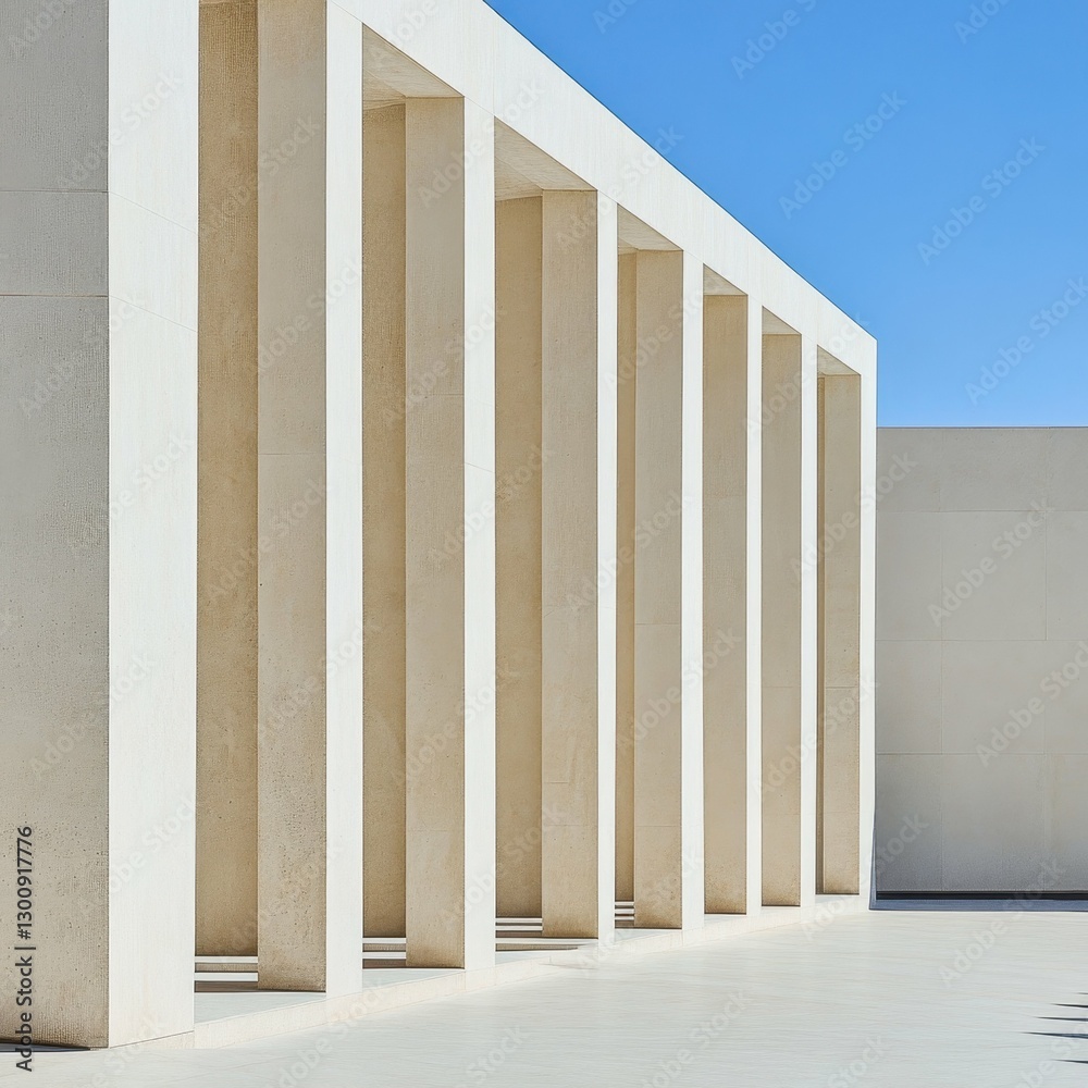 Fototapeta premium Modern Architectural Design Featuring Sleek White Columns in a Clear Blue Sky Setting During Daylight Hours