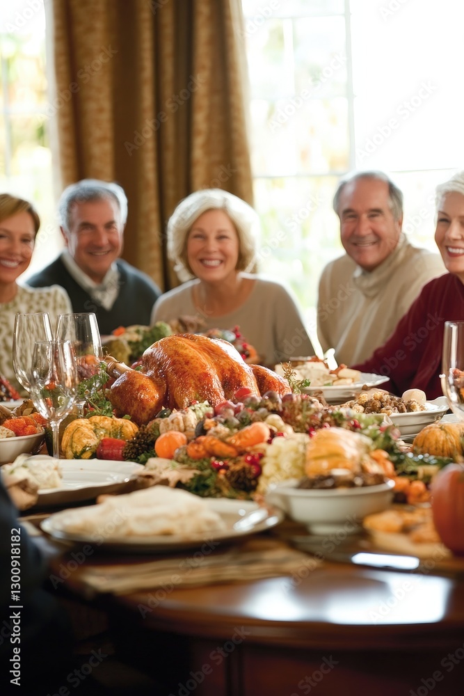 A vibrant Thanksgiving table filled with traditional dishes, surrounded by smiling family members A vibrant Thanksgiving table filled with traditional dishes, surrounded by smiling family members