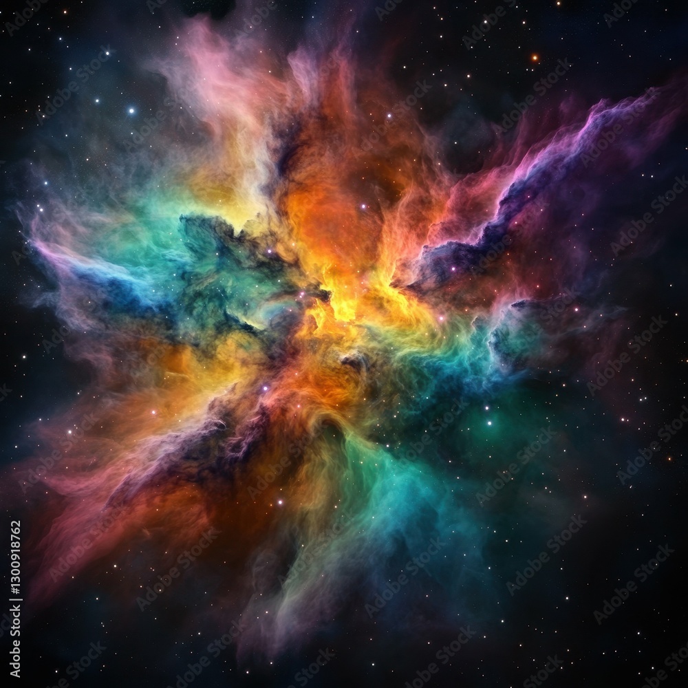 Fototapeta premium Colorful Nebula Displays Vibrant Hues in the Depths of the Universe Surrounded by Distant Stars and Celestial Phenomena