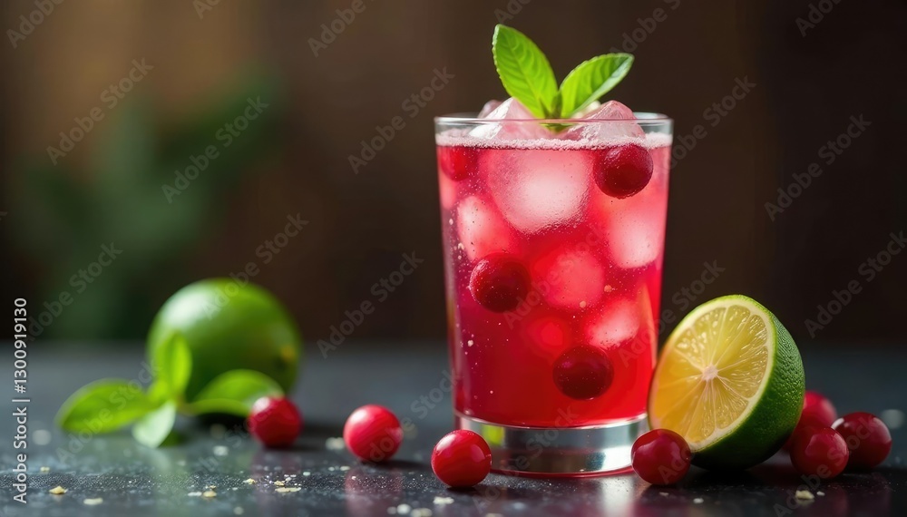 Glass filled with cranberry and lime juice mix, glass, lime Glass filled with cranberry and lime juice mix, glass, lime