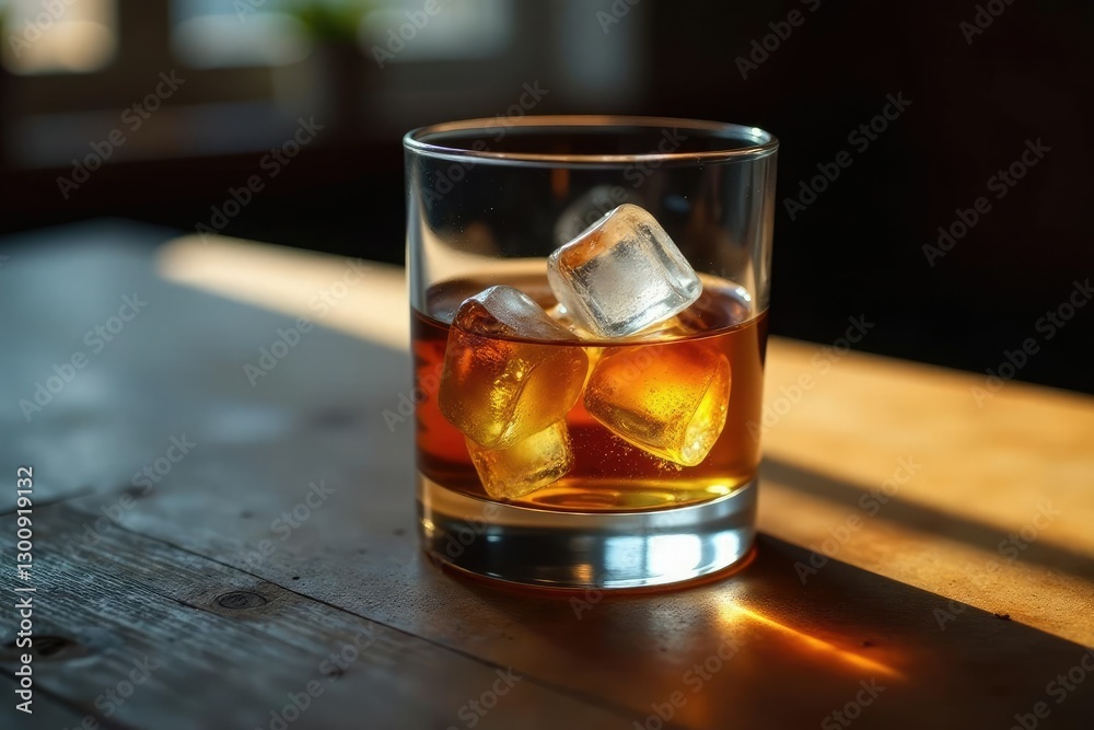 Glass filled with whiskey and ice cubes on a wooden table, ice, beverage Glass filled with whiskey and ice cubes on a wooden table, ice, beverage