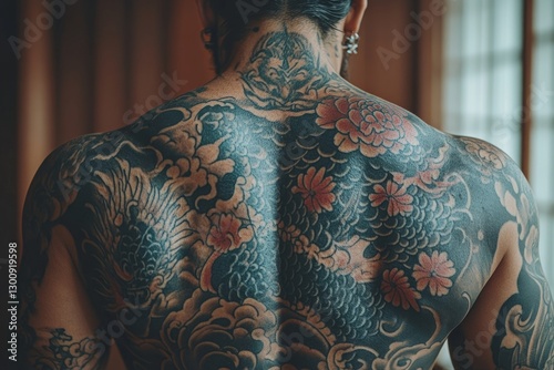 Close-up of intricate japanese tattoo covering a man's entire back, showcasing traditional artistry