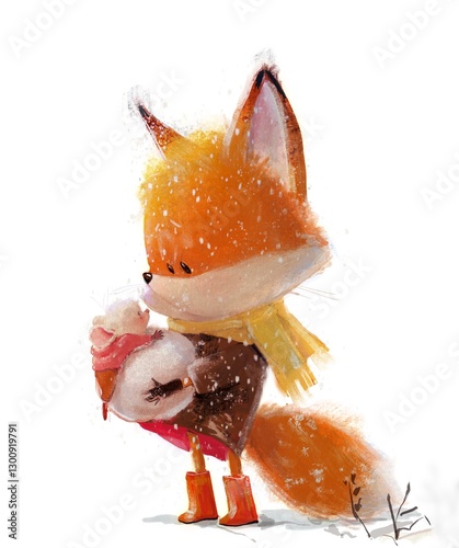 cute winter little foxy girl with a mice in the hands