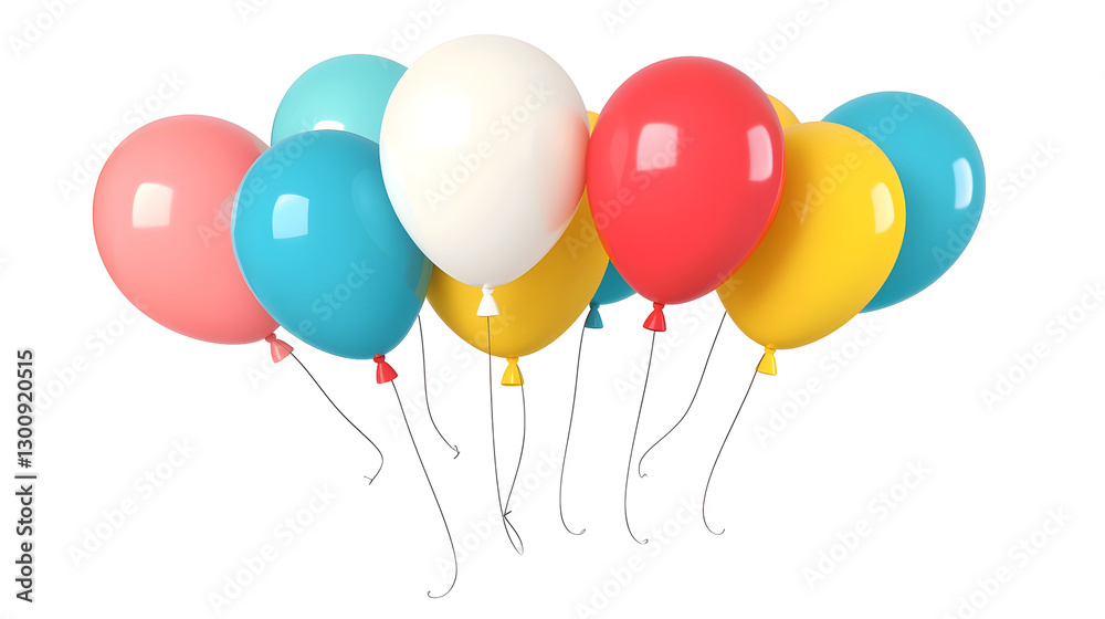 Fototapeta premium Playful 3D rendering of multiple colorful helium balloons in various bright shades tied together with thin ribbons symbolizing festive atmosphere Transparent background in cutout format