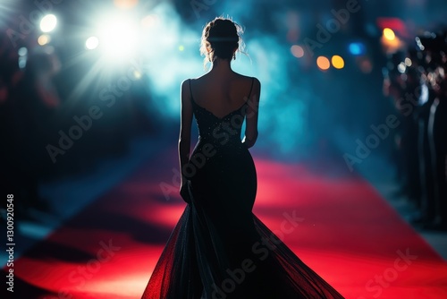 A woman in an elegant black evening gown walking down a red carpet, illuminated by camera flashes photo