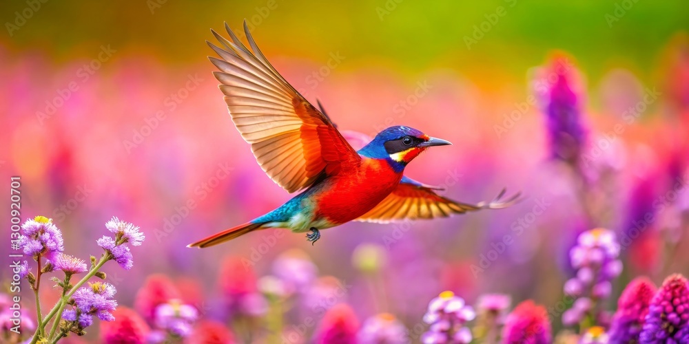 Fototapeta premium A vibrant bird in flight over a field of colorful wildflowers, showcasing its brilliant plumage and the beauty of nature's artistry.