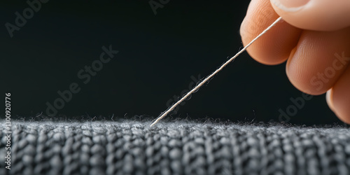 Close up of a needle and thread in a grey knit fabric held by fingers against a dark background, showcasing textiles and sewing precision. photo