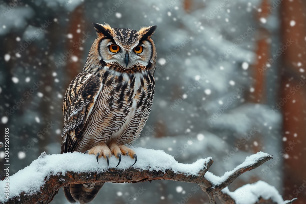 Great horned owl perched on snowy branch during snowfall in a winter forest Great horned owl perched on snowy branch during snowfall in a winter forest