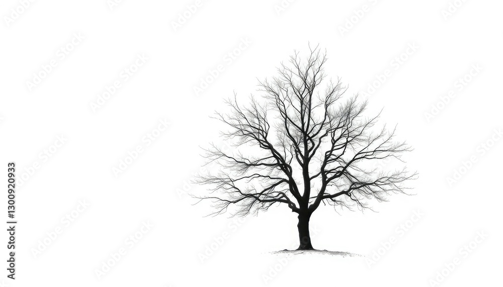 Fototapeta premium Lone deciduous tree, stark branches against pure white, isolated, trunk