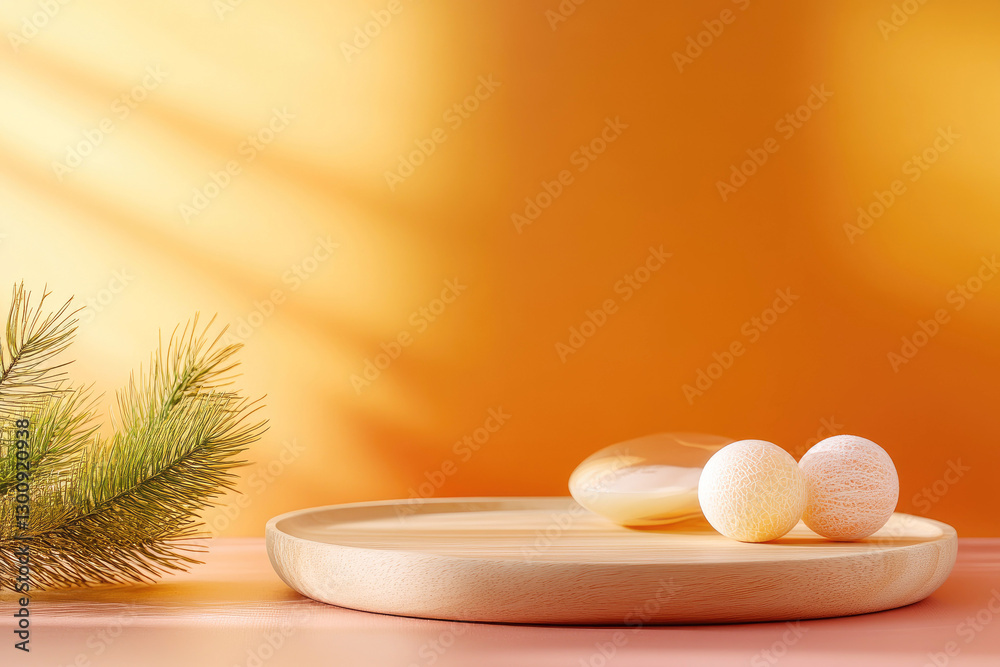 Fototapeta premium wooden podium with round objects and evergreen branch on orange background creates warm and inviting scene