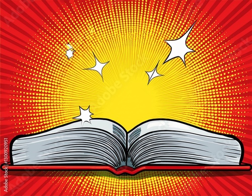 yellow and red background of the book in comic style pop art superhero lightning blast halftone dots cartoon vs  illustration