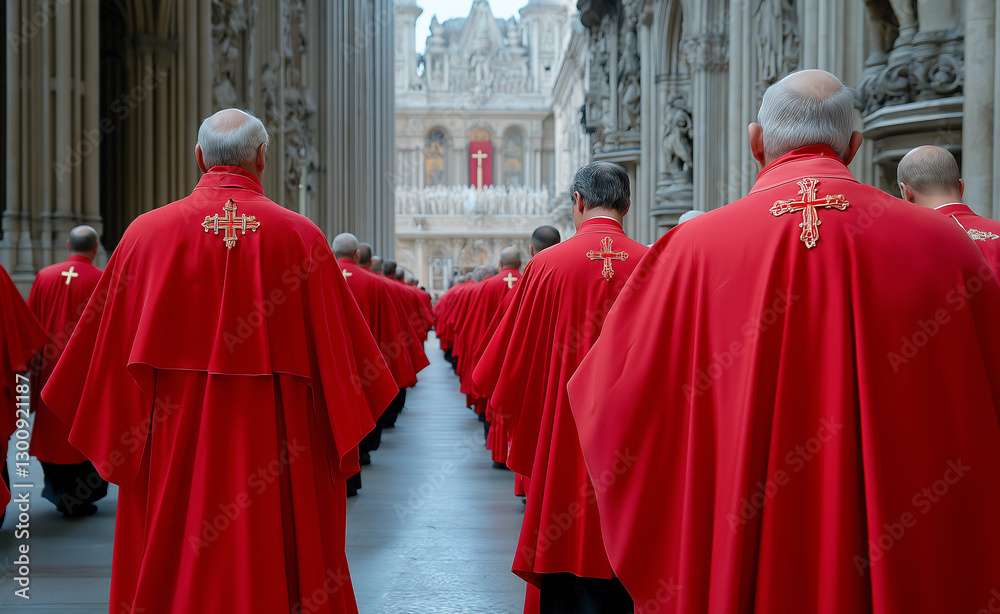 Fototapeta premium A group of cardinals in red robes walking towards the entrance of a grand church or cathedral.
