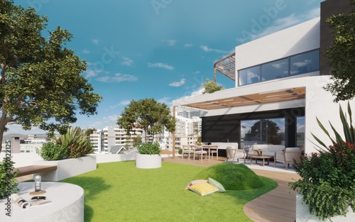 Terraza verde en edificio con vista a la ciudad, 3d render