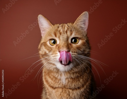 naughty golden brown tabby cat sticking out tongue on red brown background with copy space