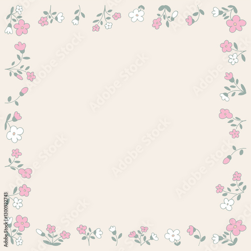 Wallpaper Mural Spring light soft muted background. Frame of flowers, floral plants, leaves. Elegant aesthetic stylish beautiful romantic flower pattern. Hand drawing doodles of botanical elements. Space for text Torontodigital.ca