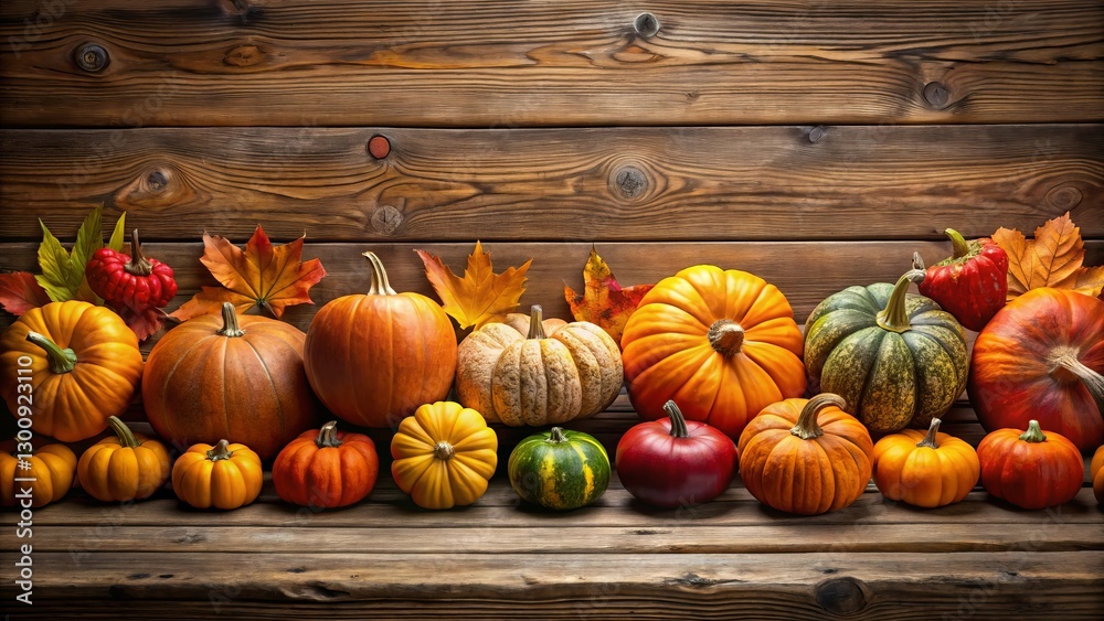 Autumnal Harvest Display of Gourds and Fall Foliage on Rustic Wooden Surface Autumnal Harvest Display of Gourds and Fall Foliage on Rustic Wooden Surface