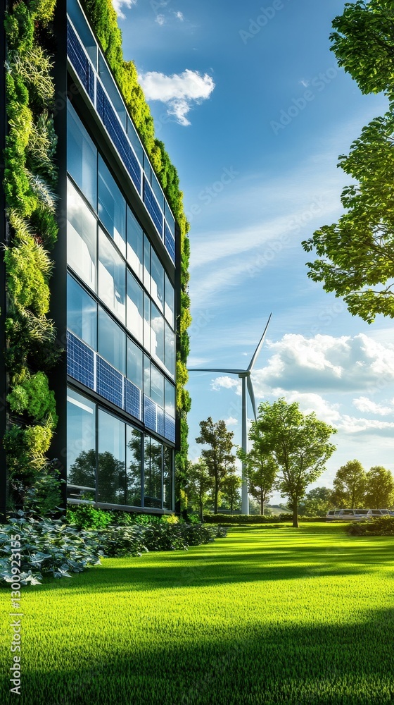 Naklejka premium Eco-friendly building, solar panels, green wall, wind turbine.