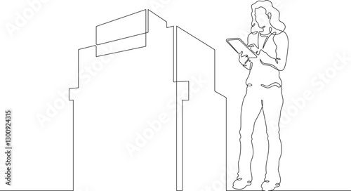 Continuous one line drawing IT engineer and server. Engineer services network equipment. Computer technician with tablet.