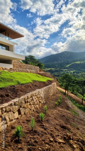 Modern house, stone retaining wall, hillside, mountain view.