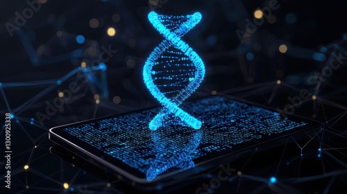 Futuristic Digital Representation of DNA Helix with Glowing Blue Light on a Tablet Screen in a High-Tech Environment