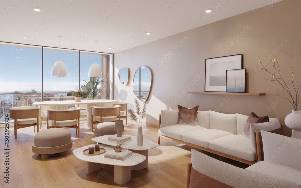 Fototapeta premium Sala moderna con vista a la ciudad, 3d render