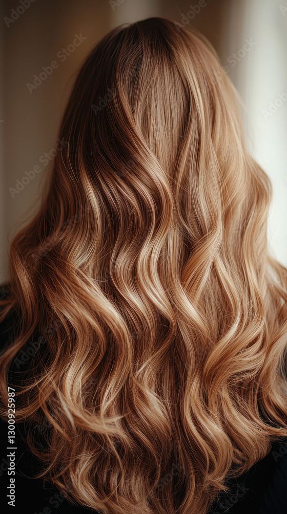 Naklejka premium Wavy hair with balayage highlights showcasing luxury and natural beauty in a warm setting