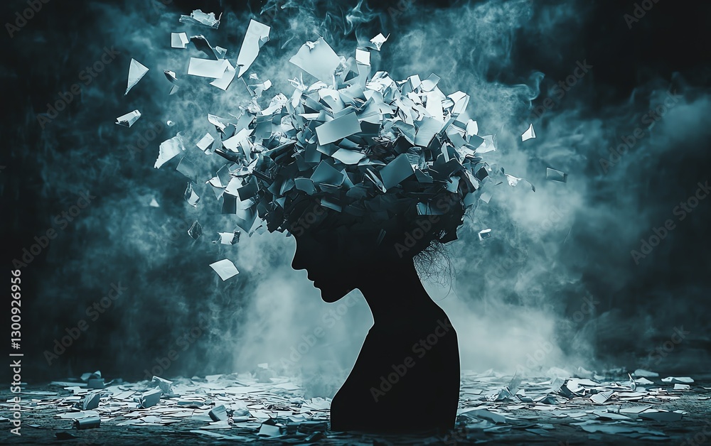 Obraz premium Mental health and emotions, silhouette of troubled head with waste paper, symbolizing mental clutter and emotional turmoil, stress and anxiety, dark and intense atmosphere