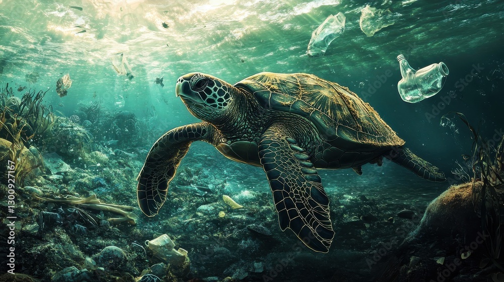 Fototapeta premium A sea turtle swims underwater with plastic pollution nearby