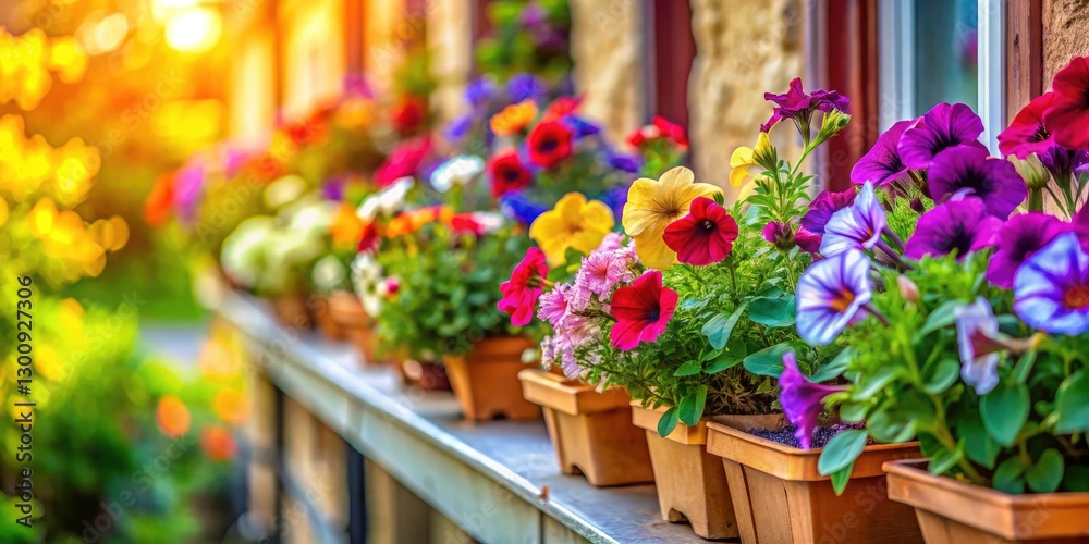 Fototapeta premium Tilt-Shift Petunia Window Box Flowers, Miniature Floral Garden, Blooming Petunias in Pots, Charming Windowsill Plants
