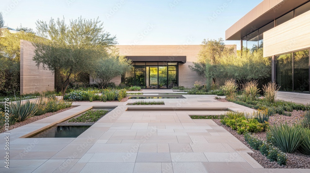Modern courtyard garden, stone paving, water features, greenery. Modern courtyard garden, stone paving, water features, greenery.