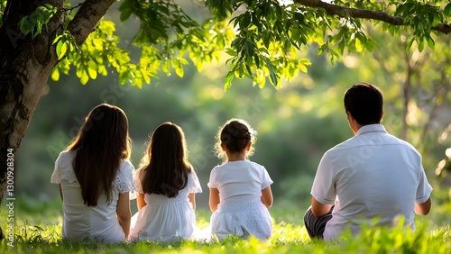 A family of four, sitting under a tree, enjoying a peaceful moment together in a lush green setting. Concept Family Bonding, Nature's Serenity, Outdoor Relaxation, Cherished Moments