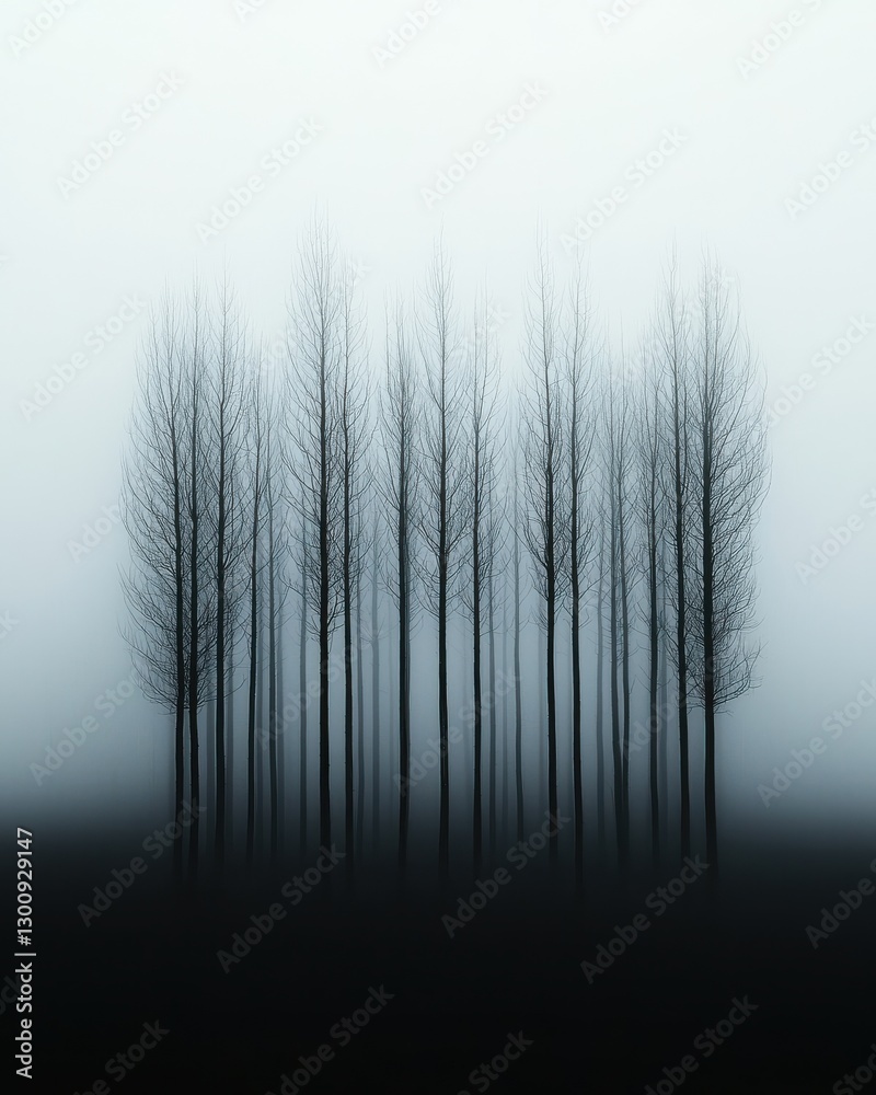 Obraz premium Mysterious Trees in a Misty Forest: Serene Landscape, Bare Trees, Atmospheric Fog