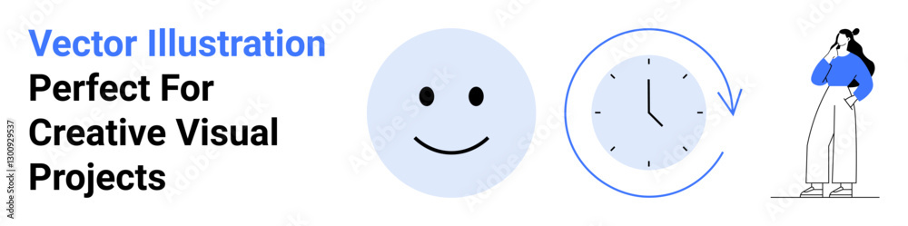 Fototapeta premium Smiling face, clock with circular arrow, and woman pondering highlight time, positivity, and introspection. Ideal for mental health, time management, creativity, wellness productivity