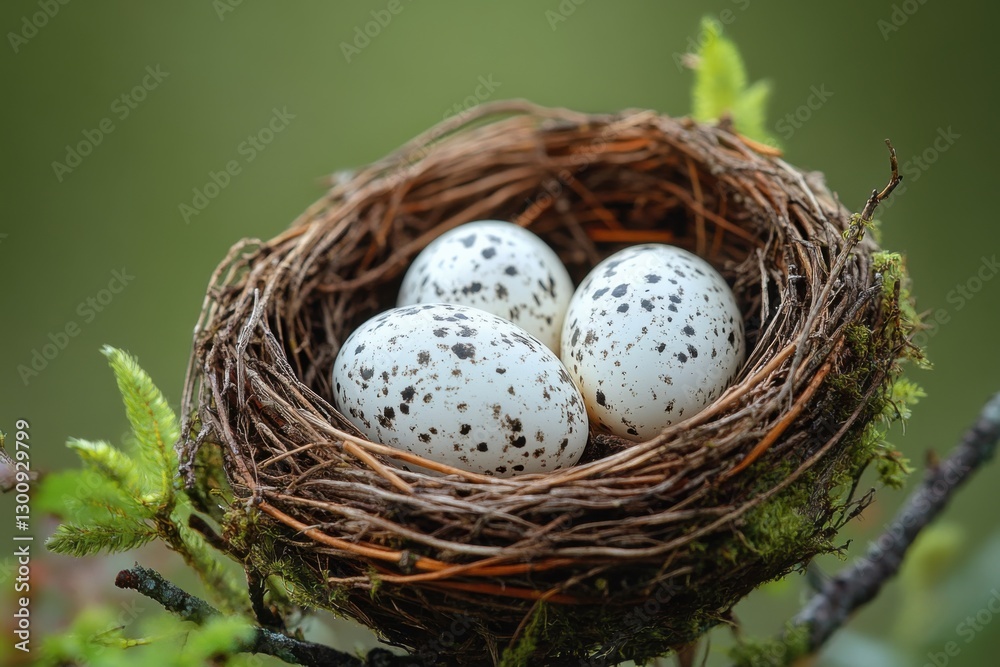 A delicate bird's nest with three speckled white eggs resting on a mossy tree branch, surrounded by fresh green foliage, symbolizing new life and nature's beauty A delicate bird's nest with three speckled white eggs resting on a mossy tree branch, surrounded by fresh green foliage, symbolizing new life and nature's beauty