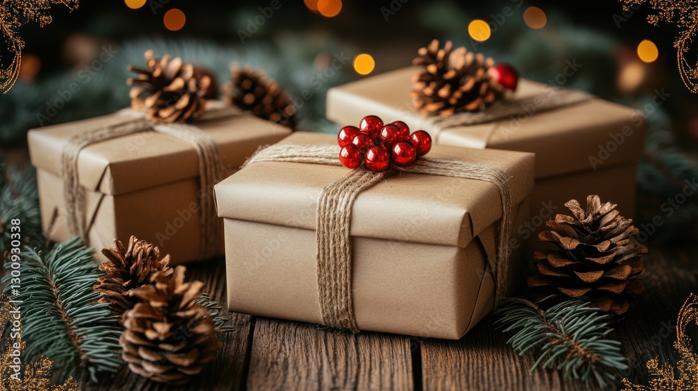 Three wrapped gifts with pine cones and red berries on a wooden surface. Festive holiday presents. Three wrapped gifts with pine cones and red berries on a wooden surface. Festive holiday presents.