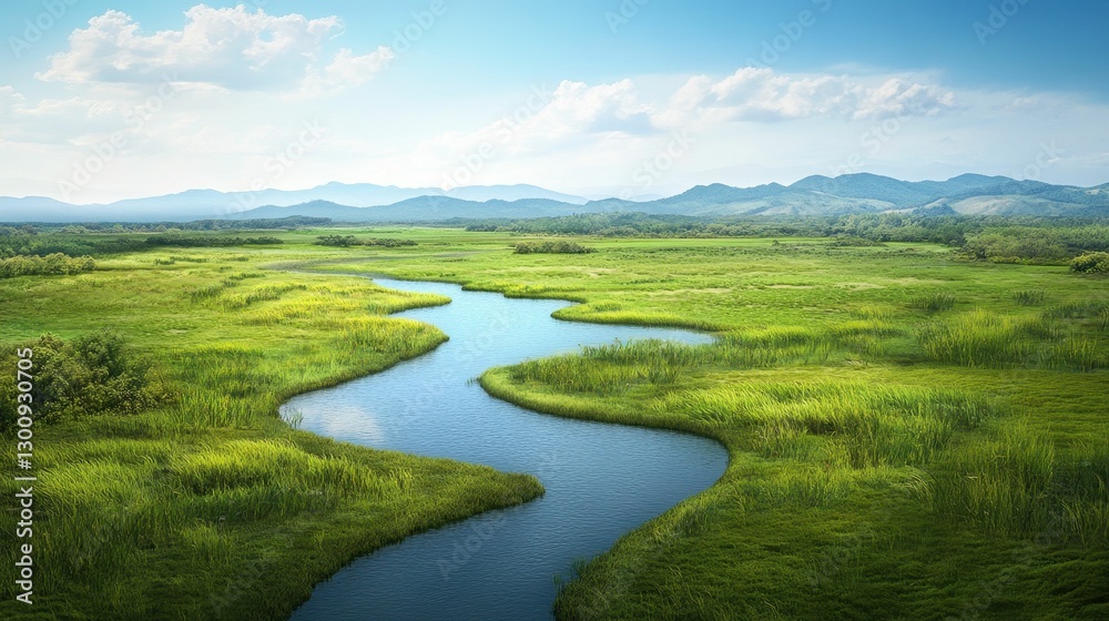Serpentine river meanders through verdant valley, mountains. Serpentine river meanders through verdant valley, mountains.