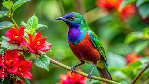 Vibrant Rainbow-Colored Bird Perched on Branch Amidst Lush Red Blossoms in a Garden Setting